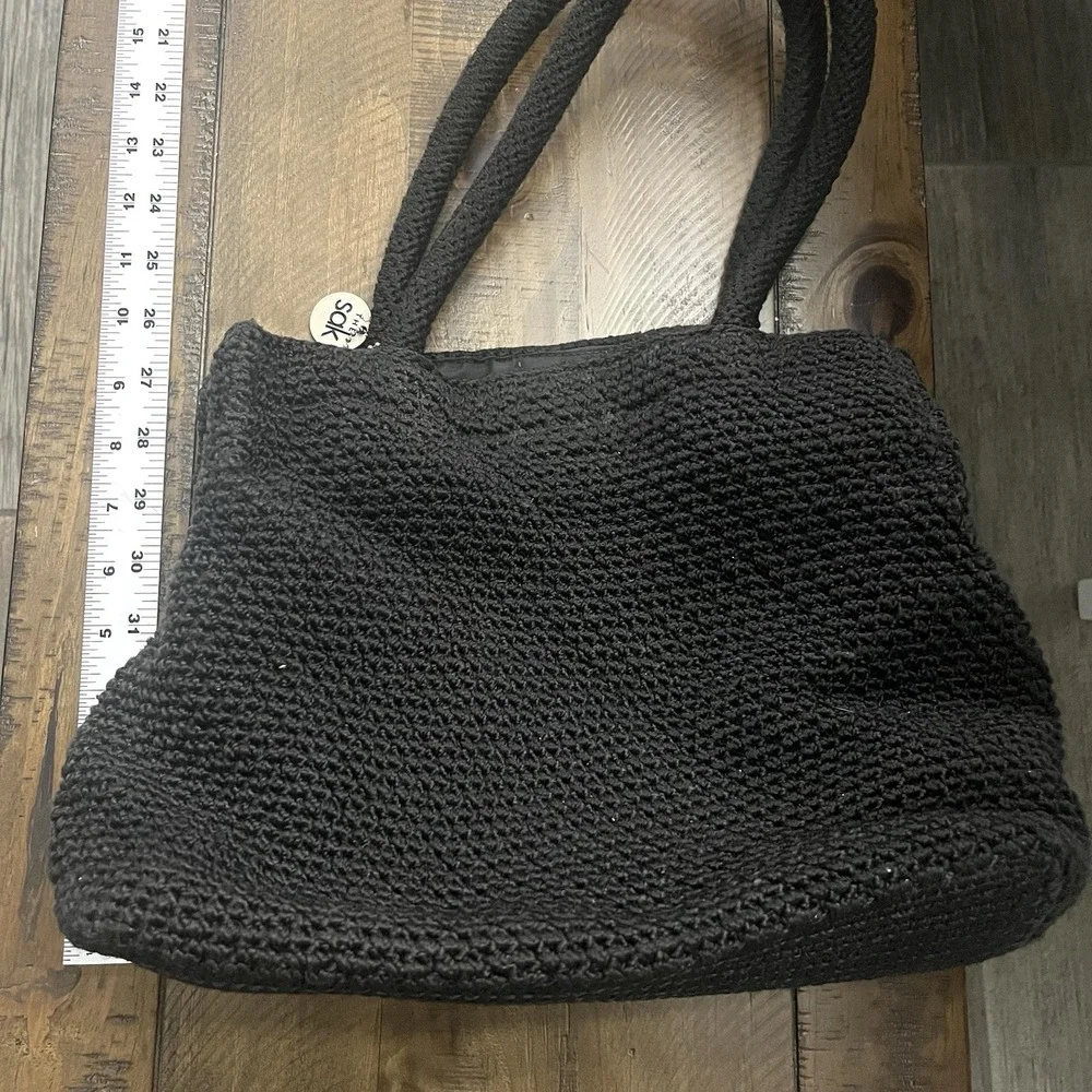 The Sak Purse‎ Hobo Crochet Woven Shoulder Bag Black Double Strap Zip Logo FOB